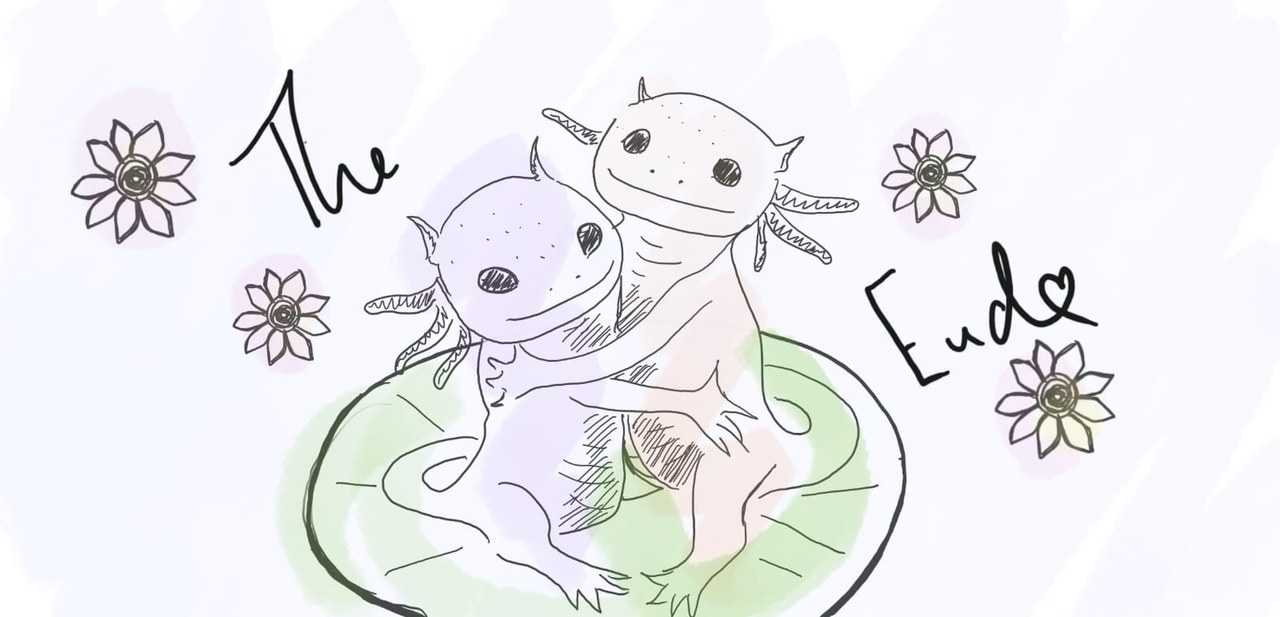 Hand-drawn axolotl couple on a lily pad with the words The End