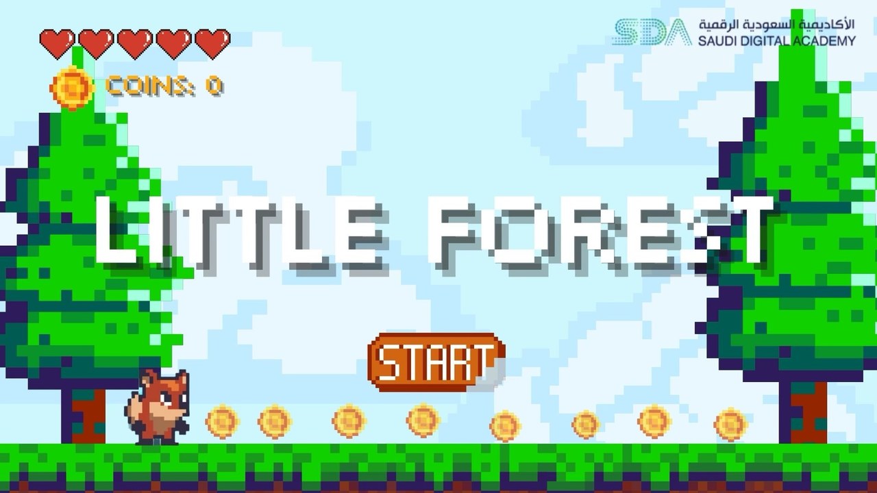 Little Forest title screen: a pixel-art fox beside a row of coins under two pine trees